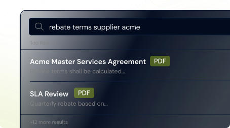 A contract search interface mockup demonstrating a natural language search query with top PDF document results.